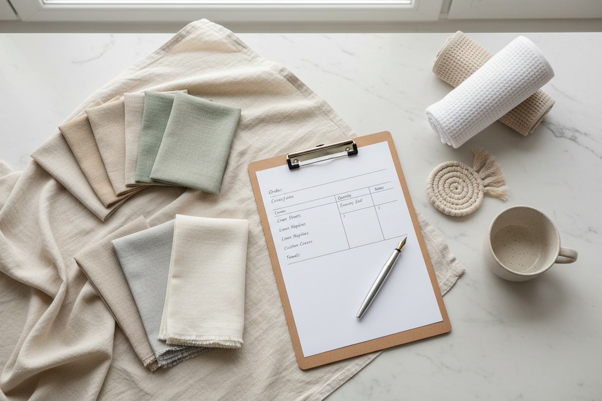 Flatlay mit Bestellformular, Stoffservietten und Mustern